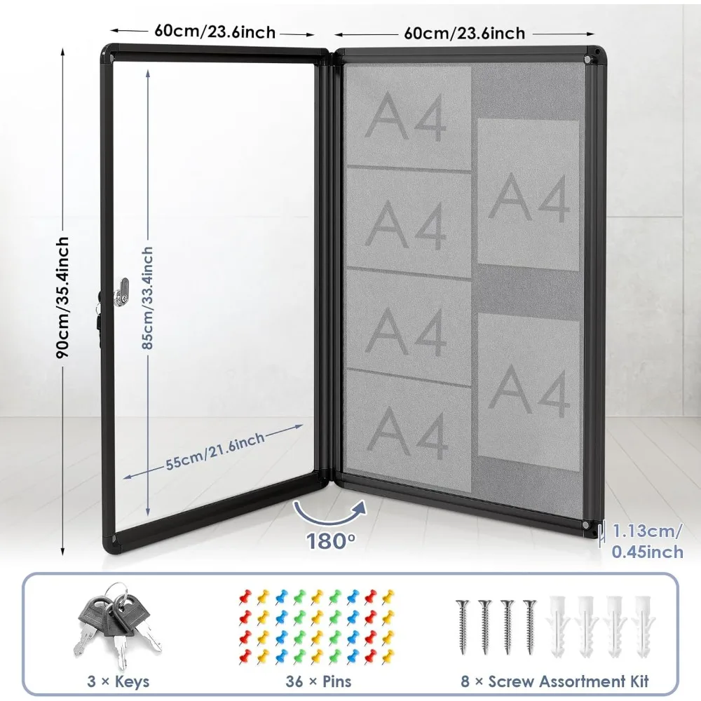 36x24 Lockable Bulletin Board, Shatterproof Felt Pin Board for Office School Home Business Security