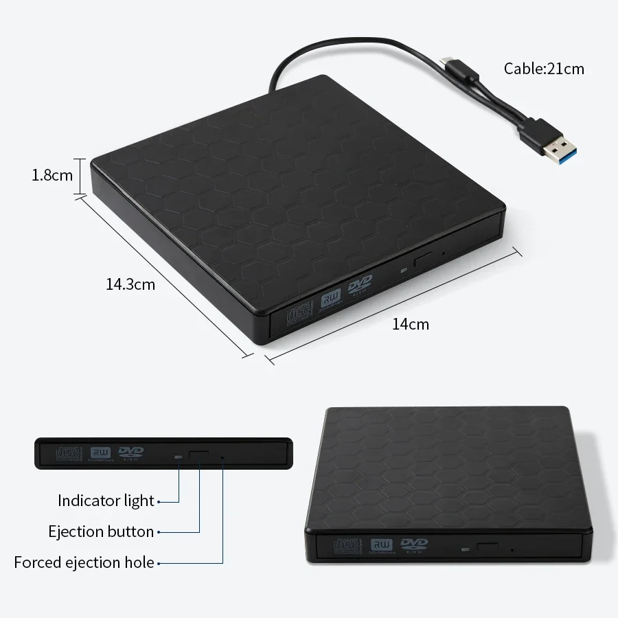 محرك أقراص DVD خارجي نحيف USB 3.0 Type-C محمول DVD RW كاتب أقراص مضغوطة مشغل قارئ محركات الأقراص الضوئية للكمبيوتر المحمول محرك أقراص DVD المحمول