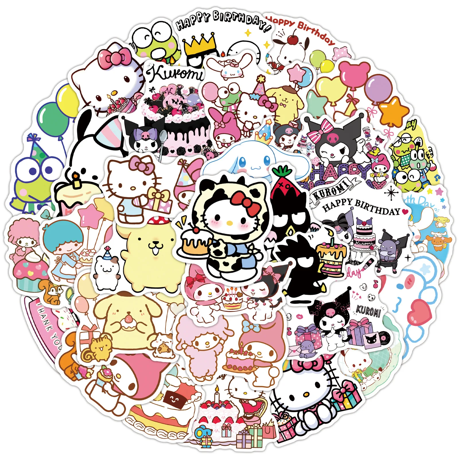 10/30/50 pçs sanrio feliz aniversário engraçado bonito olá kitty kuromi graffiti adesivos decorativos copo de água scrapbook mala decalque