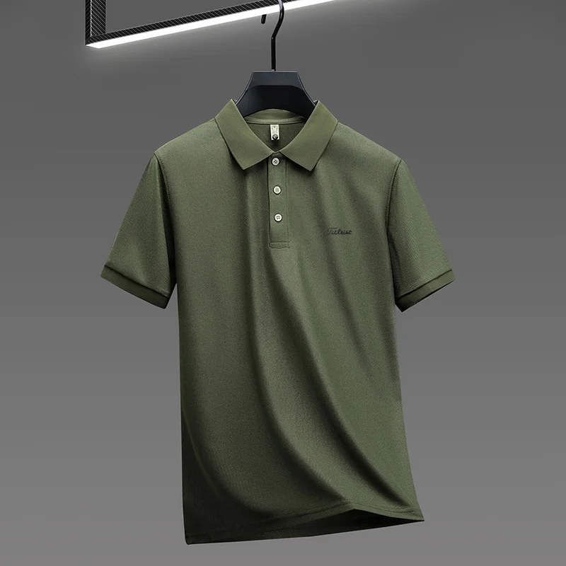 Business Casual Herren Neues Kurzarm-Poloshirt mit Kragen und Knöpfen, Einfarbig mit Schriftzug, Bequemes Atmungsaktives Herren-T-Shirt – Detail 15