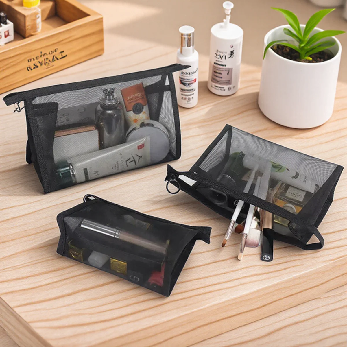Bolsa de cosméticos para mujer y hombre, color negro, transparente, de viaje, a la moda, pequeña y grande, organizador de maquillaje y estuche