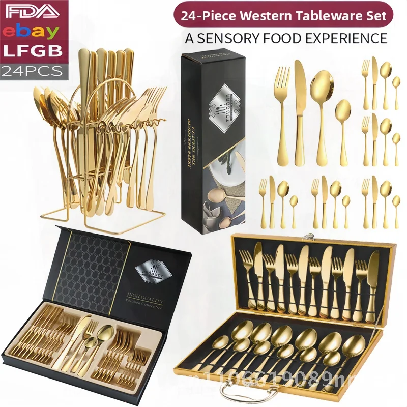 

24-Piece American-Style Stainless Steel Tableware Set - 1010 Knife Fork Spoon Gift Set Mirror Polished 410 Stainless Steel