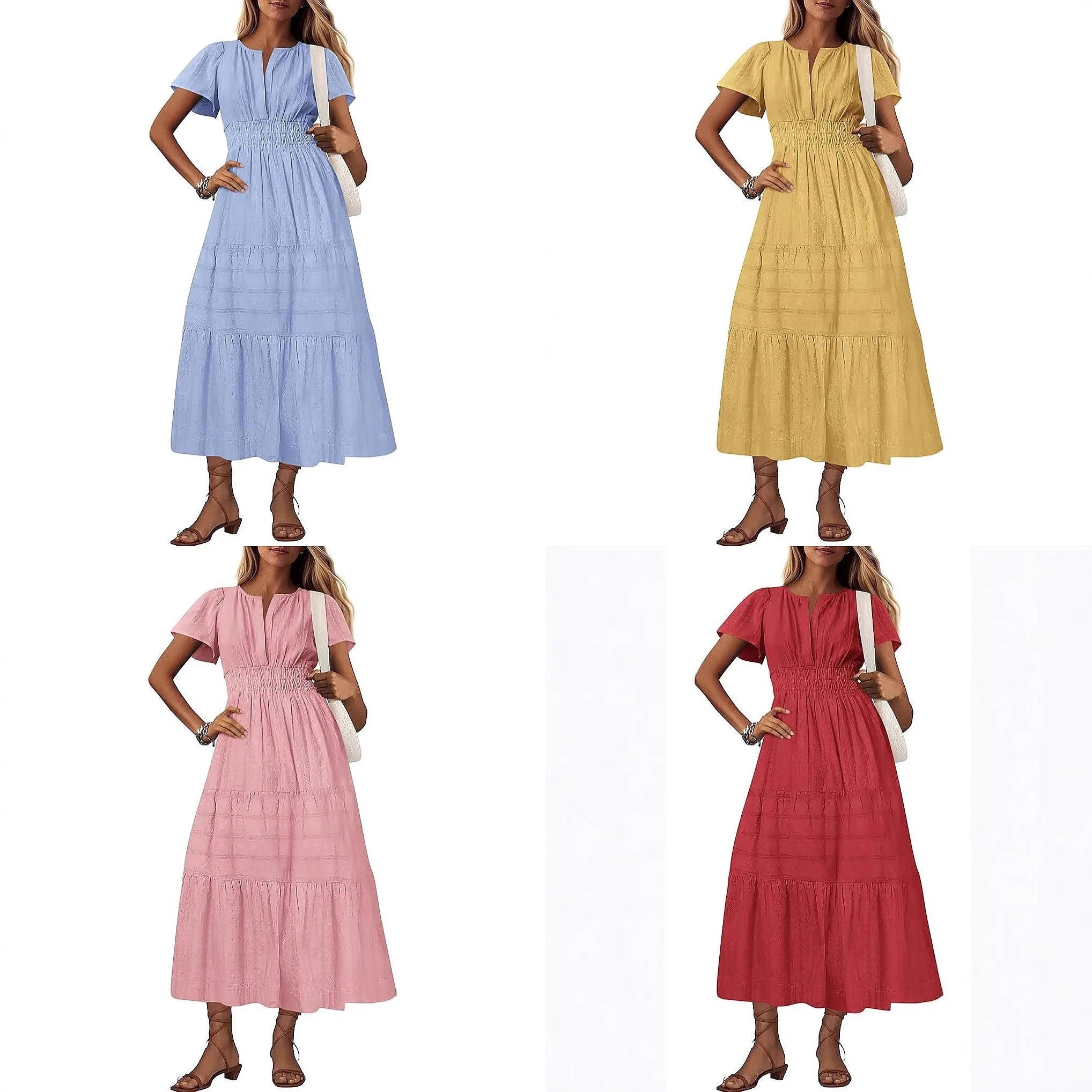 

Fashion V Neck Ruffle Puff Sleeve Layered Swing Dress Dresses Spring Summer Women Casual Party Maxi Dress