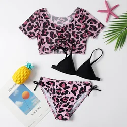 Girls 3pack Pink Leopard Print Bikini Sets with Short Sleeve Top Swimsuit Kids 7-12 Years Children's Swimwear 2024 Bathing Suit
