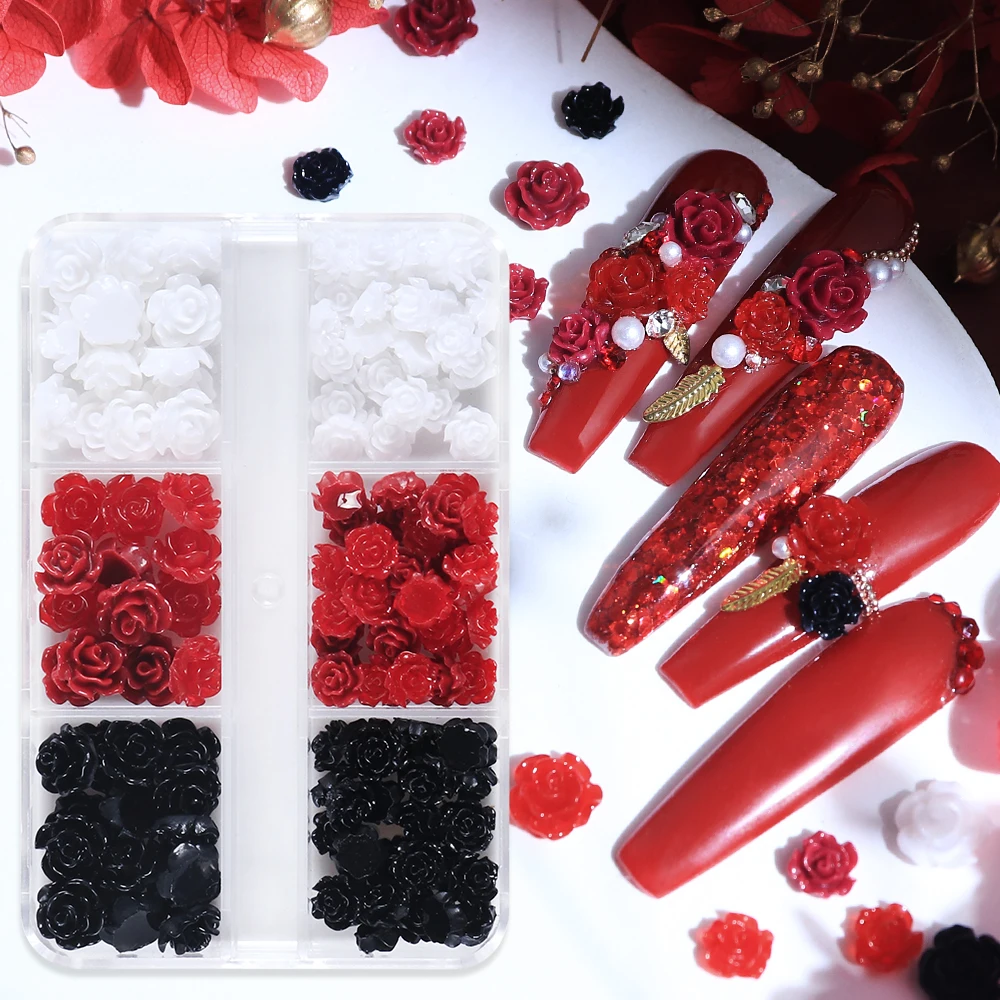 Black Red Rose Flowers Nail Art Charms Camellia Flower Manicure Accessories French Nails Decoration Valentines Day Nails Jewelry