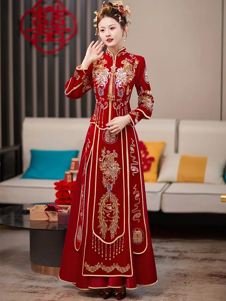 

Velvet dress for brides new Chinese-style wedding red toasting