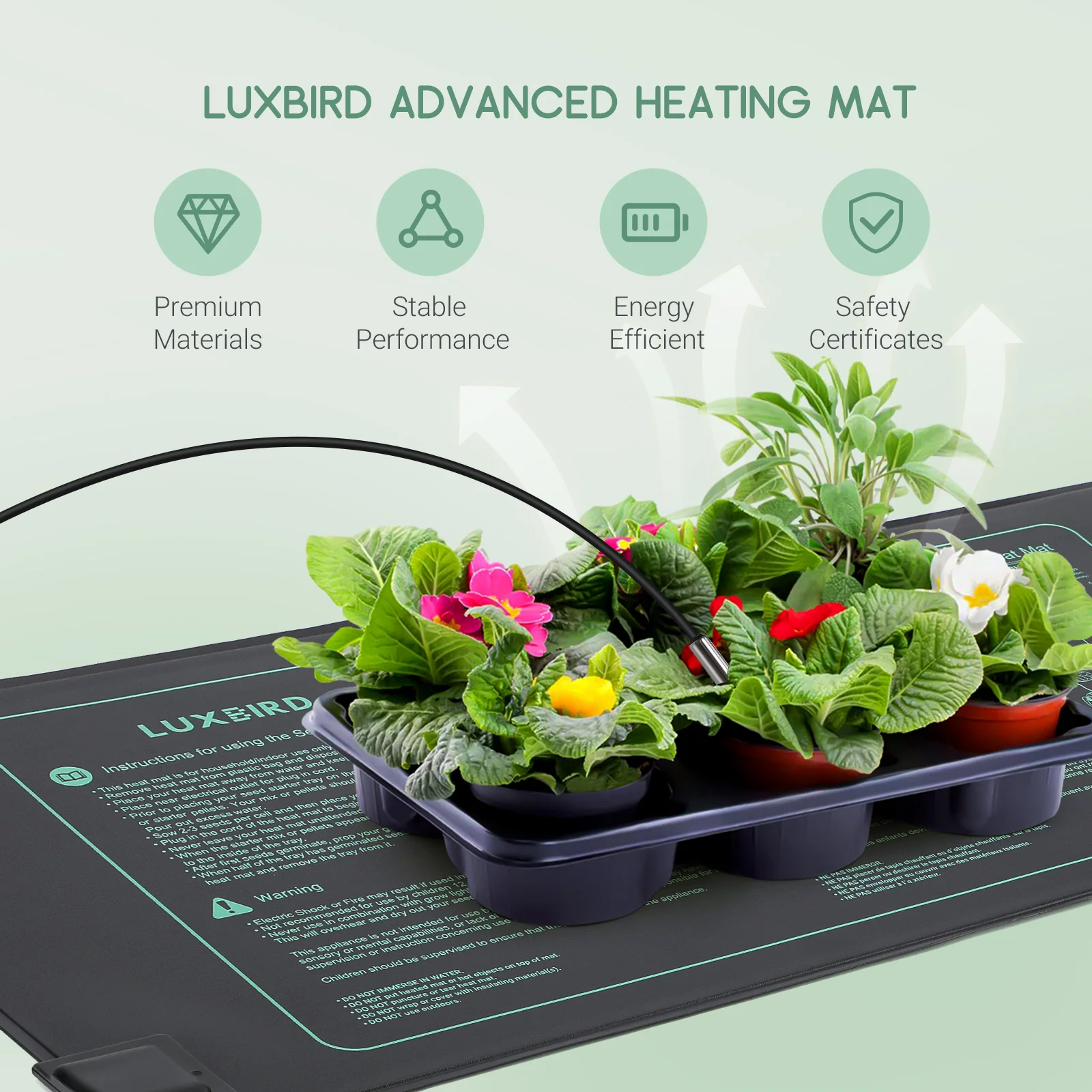 LUXBIRD EU Plug Plant Heating Mat with Thermostat 10*20.75 inches IP67 Waterproof Heated Pad for Indoor Planting,Home Brewing