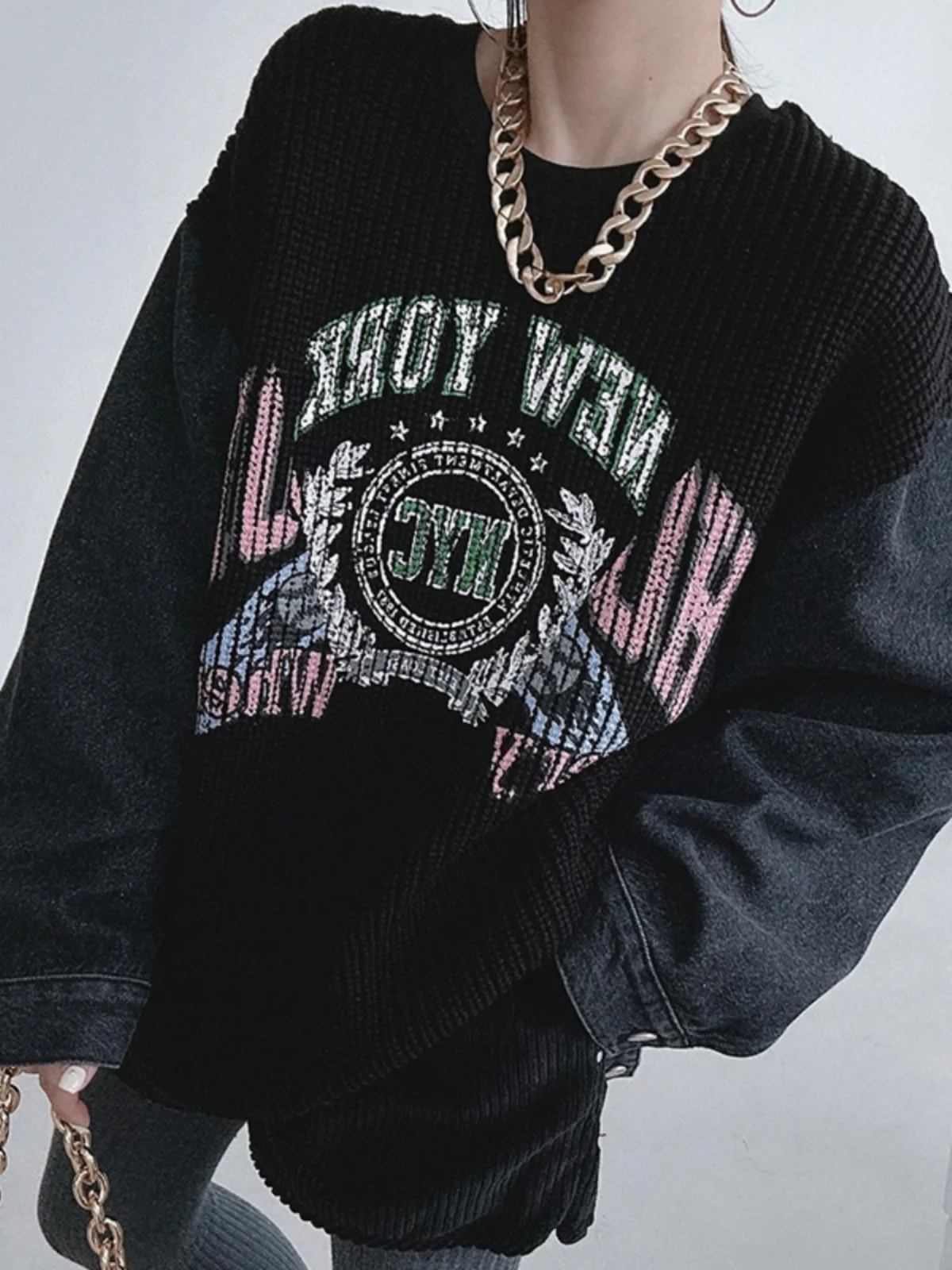 

Retro round Ne Letter Print Patchwork Denim Design Loose Knitted Sweatirt Chic Winter Sle for Young Women 8-24 Years Old