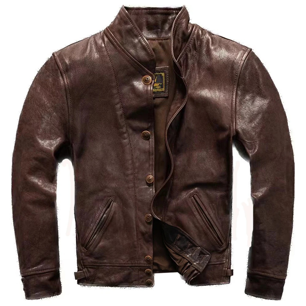 

Motorcycle Coat Goat Leather Street Riding Jacket Button Down Men's Coat Slim Fit Sheep Leather Einstein Overcoat Brown Gold