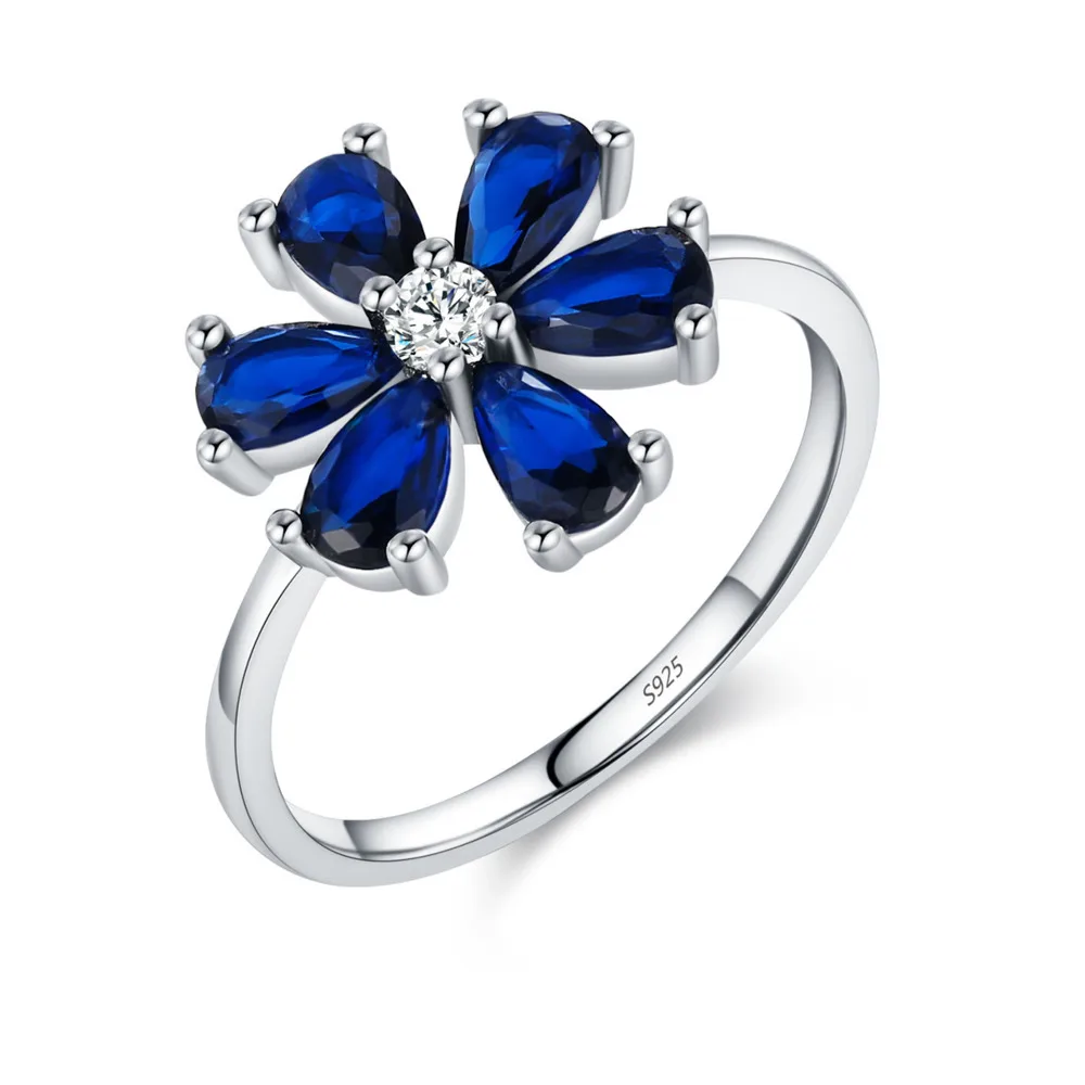 

GL S925 Pure Silver Sapphire Water Drop Ring, Elegant and Exaggerated Sparkling Diamond Flower Ring, Perfect Gift