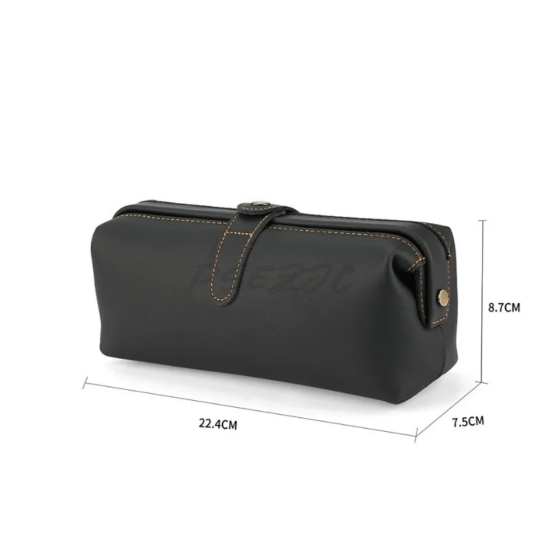 Head Layer Cowhide Office School Pencil Bag Multi Functional Handbag Retro Leather Storage Bag