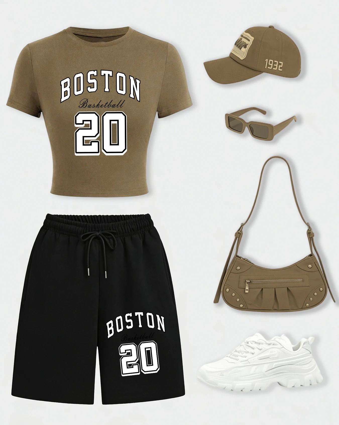 

Женский комплект Boston 20: укороченная футболка с принтом Green Art Letter и хлопковые шорты с широкими штанинами и карманами для спортзала