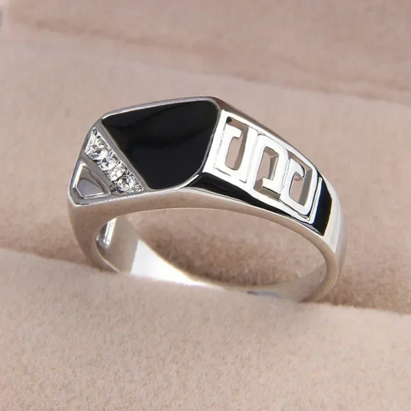 Classic Size 5-12 Men Rhineston Rings Fashion Jewelry Gold/Silver-Color Black Enamel Male Finger Titanium Stainless Ring