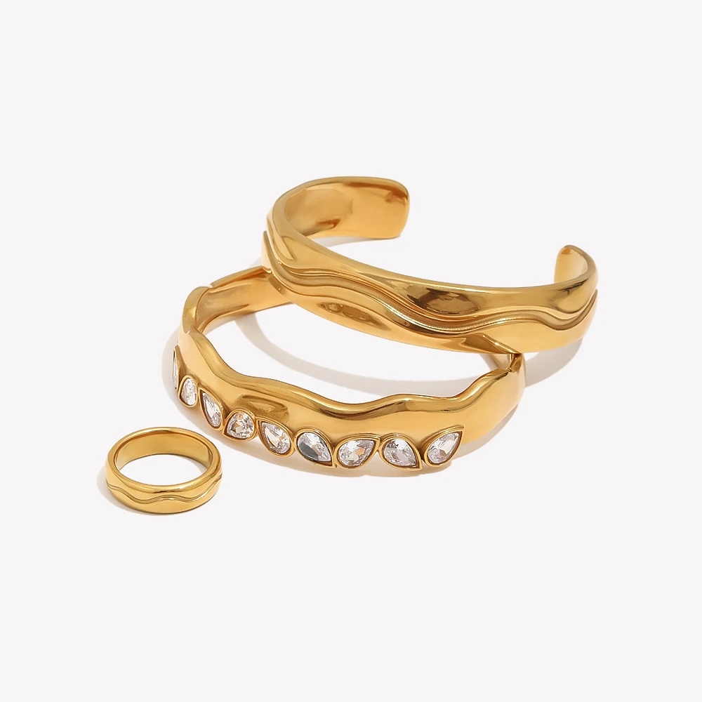 E.B.belle Irregular Wavy Open Cuff Bracelet Ring Set For Women 18K Gold Plated Bangle With Pear Cut CZ Statement Jewelry Gift