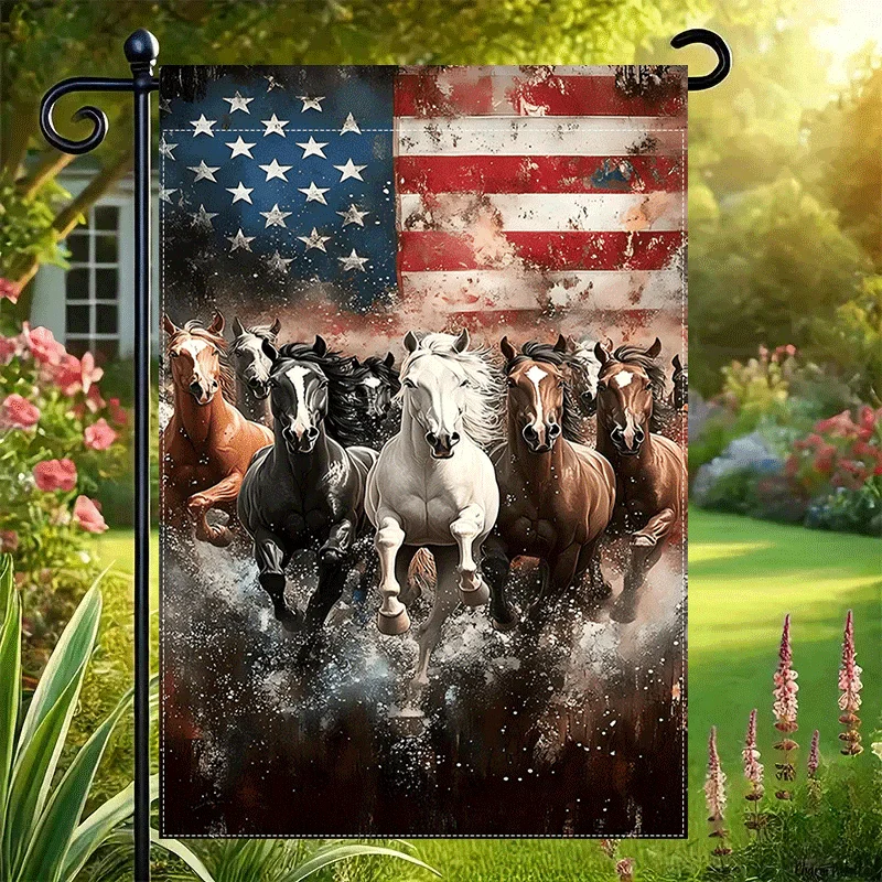 Patriotic Star Banner Garden Flag - Double-Sided Burlap, Vivid American Flag Design with Galloping Horses, Ideal for July 4th, M