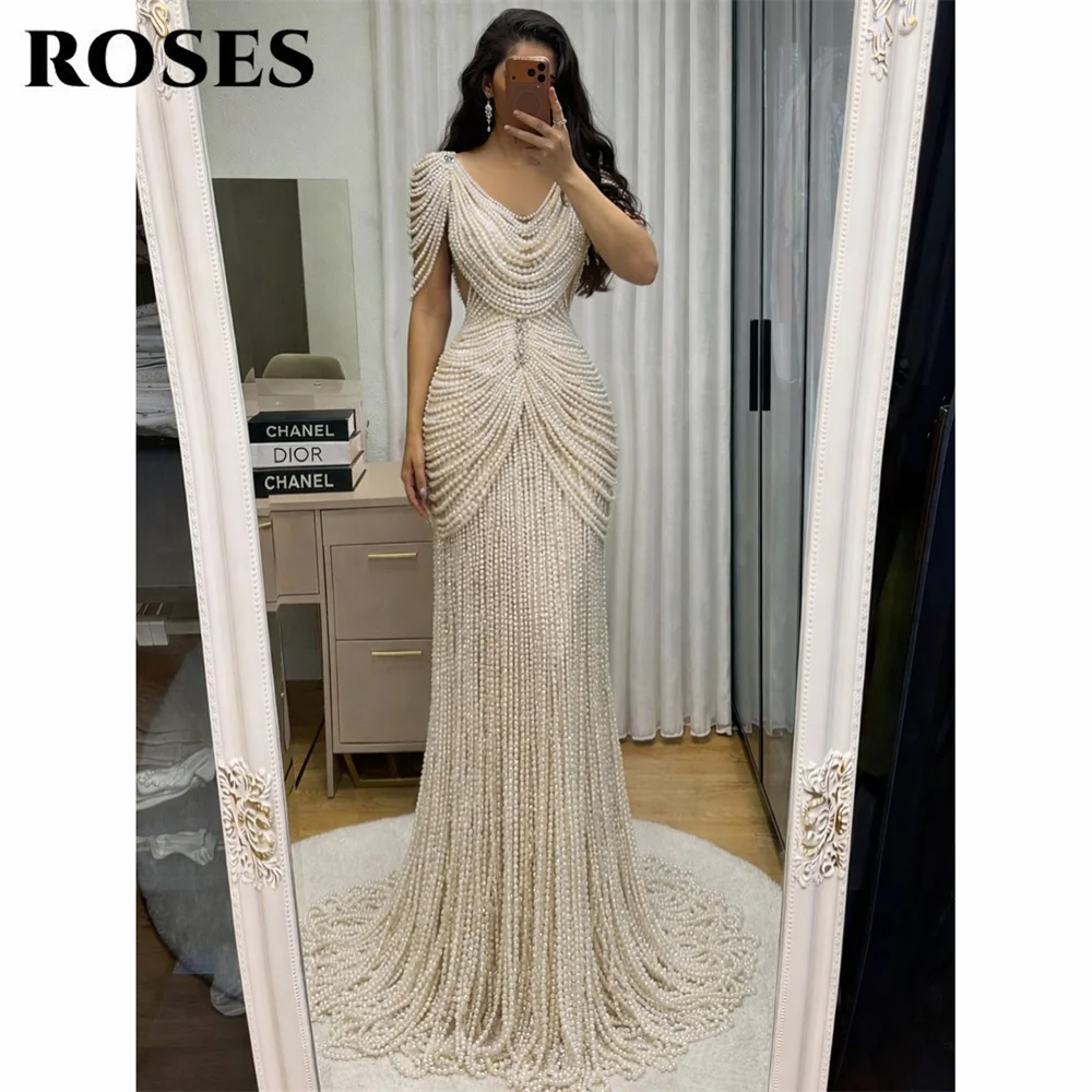 

ROSES Ivory Evening Dresses Off the Shoulder Short Sleeve Formal Gown Night Dresses with Pearls Chain Prom Dresses Customized