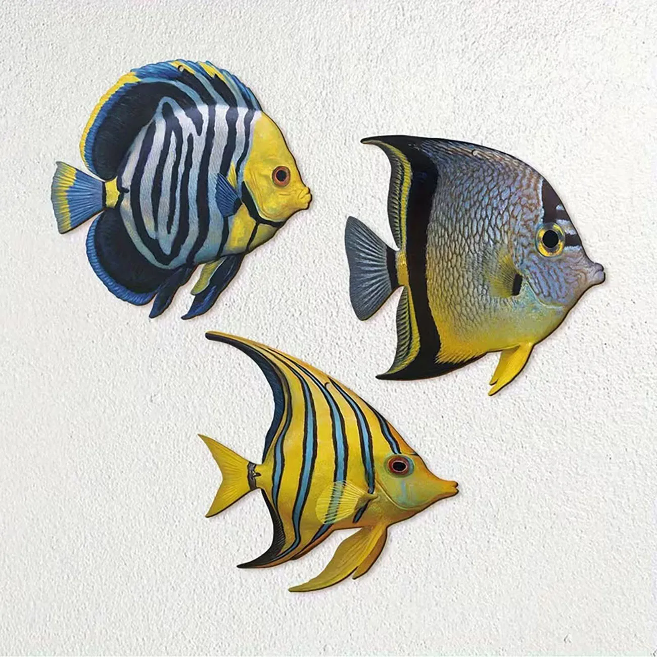 3Pcs Realistic Tropical Angelfish Wooden Wall Stickers, Marine Fish Decor for Bathroom Beach Home with Nano Tape