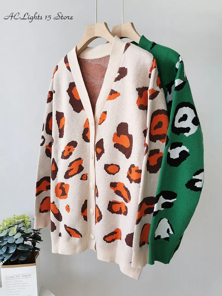 Winter Green Leopard Print Cardigan for Women Lazy Oversize Jacket with Buttons Loose Thick Warm Knitted Cardigan Women 2023 New