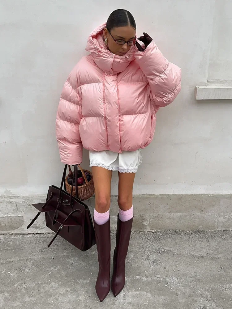 Ladies Hooded Puffer Jackets Oversized Loose Long Sleeve Zipper Solid Color Cropped Warm 2026 Winter Windproof Street Chic Coat