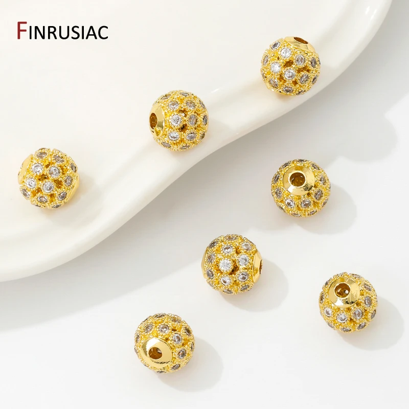 Contas redondas ocas de latão banhado a ouro 18k, contas de bola de 8mm, contas espaçadoras de zircônia embutidas para pulseiras diy, acessórios de fabricação de colar