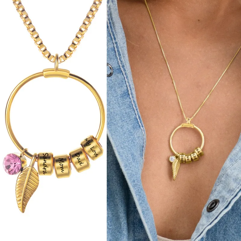 

Персонализированное ожерелье с камнем и именами семьи для женщин, изящное ожерелье с подвеской из бисера с гравировкой на заказ, подарок на день матери