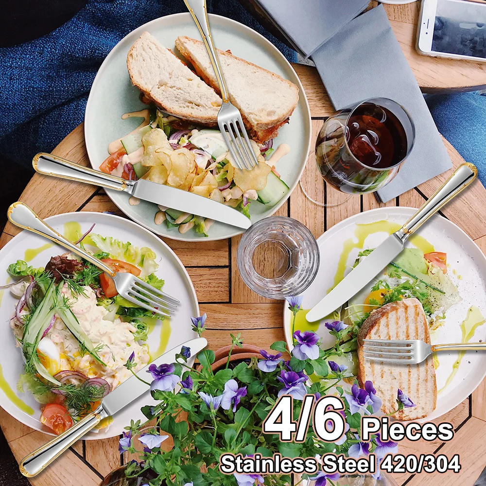 

4/6 Piece Stainless Steel 304 Silverware Elegant Gold Accent Cutlery Set Wedding Home Flatware Mirror Fork Spoon Dishwasher Safe