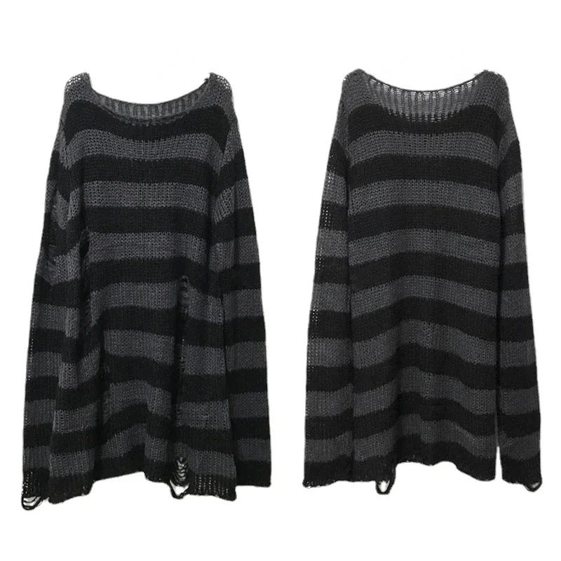 New Streetwear Top Punk Gothic Long Unisex Sweater Summer Women Striped Cool Hollow Out Hole Broken Jumper Loose Rock Thin Dark