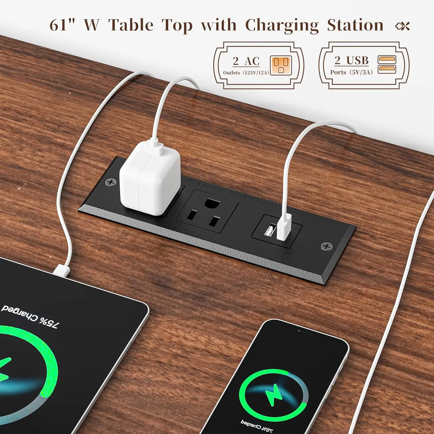 60.4' White Computer Desk with Drawer, LED Light, Monitor Stand & Power Outlet – Farmhouse Study Desk for Home Office