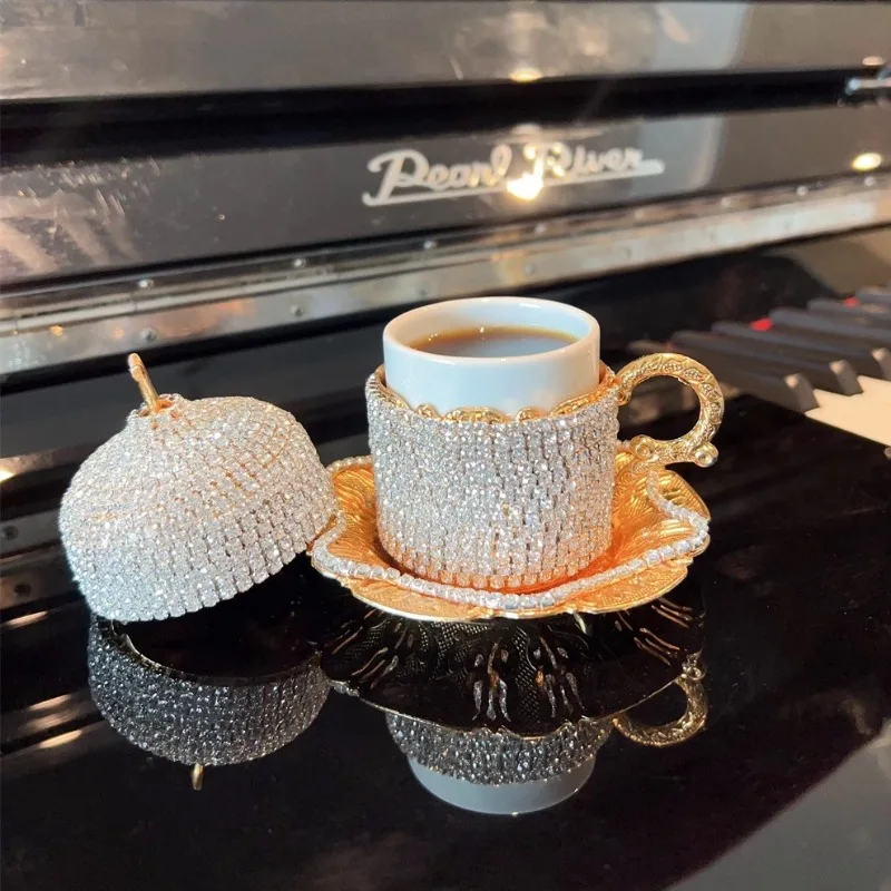 Hand Rhinestones Gold Coffee Mug Cup Vintage Luxury Metal Espresso Set European Gilded Drinkware ‌Art Decorative Coffee Cup