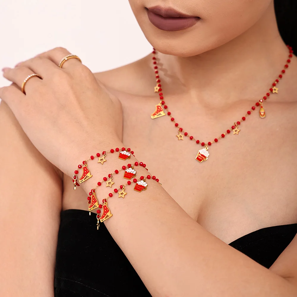 Star Beer Schlittschuh-Halsketten, Armbänder für Damen, 316L Edelstahl-Gliederkette, rote Granatperlen, Weihnachtsschmuck-Set, Geschenke – Detail 1