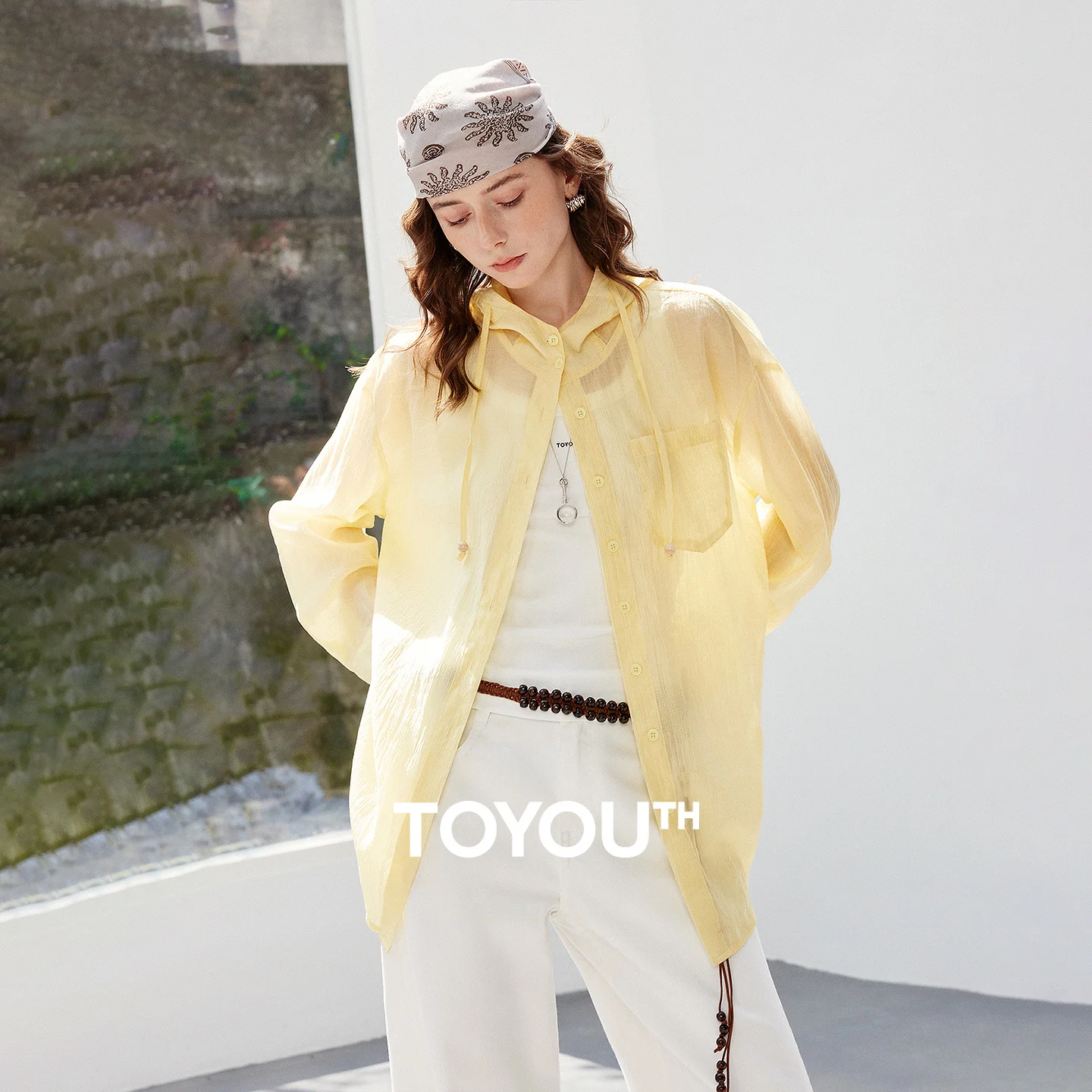 TOYOUTH Women Lyocell Acetate Blouse Shirt 2026 Summer New Lightweight Sheer Atmospheric Hooded Loose Fit Mid-length Casual Tops