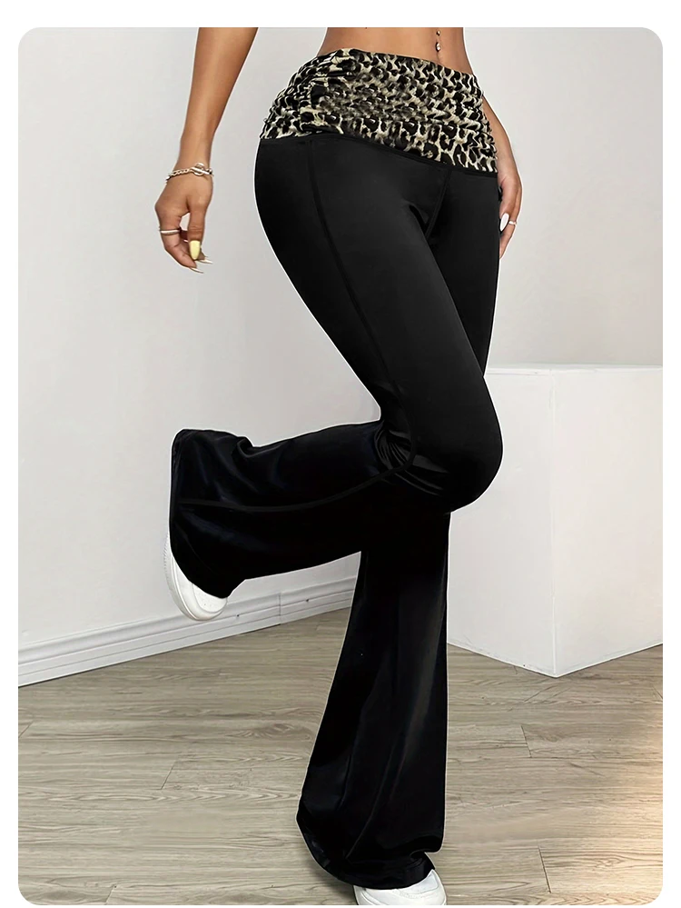 Modische Leoparden-Patchwork Schlaghose für Damen Amerikanische Casual Sport-Leggings Frühling Herbst Dünne Atmungsaktive Weite Hose