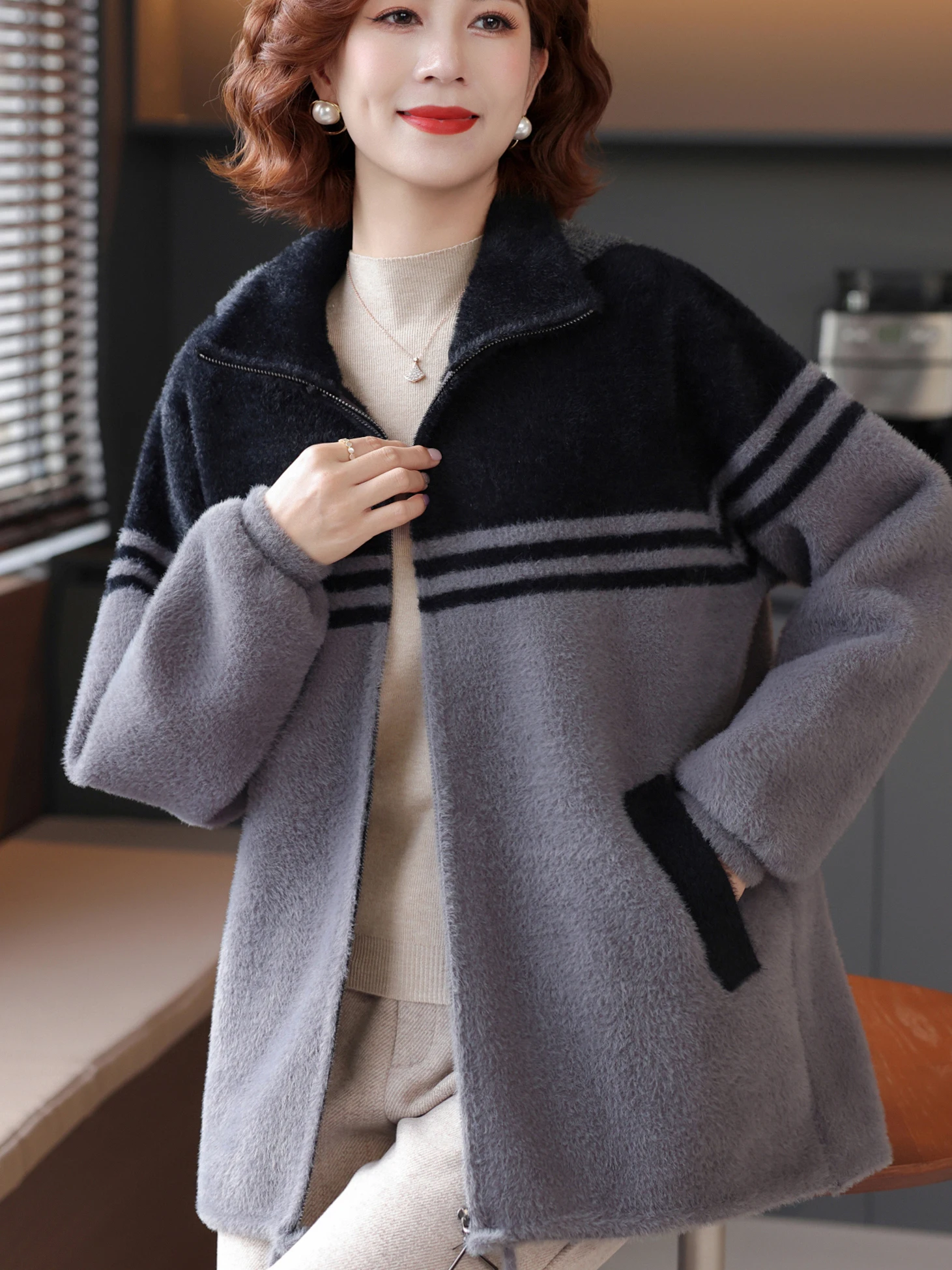 

Sli свободный крой на молнии спереди пальто из искусственной норки средней длины повседневный открытый кардиган топ женские длинные брюки Faion Ape