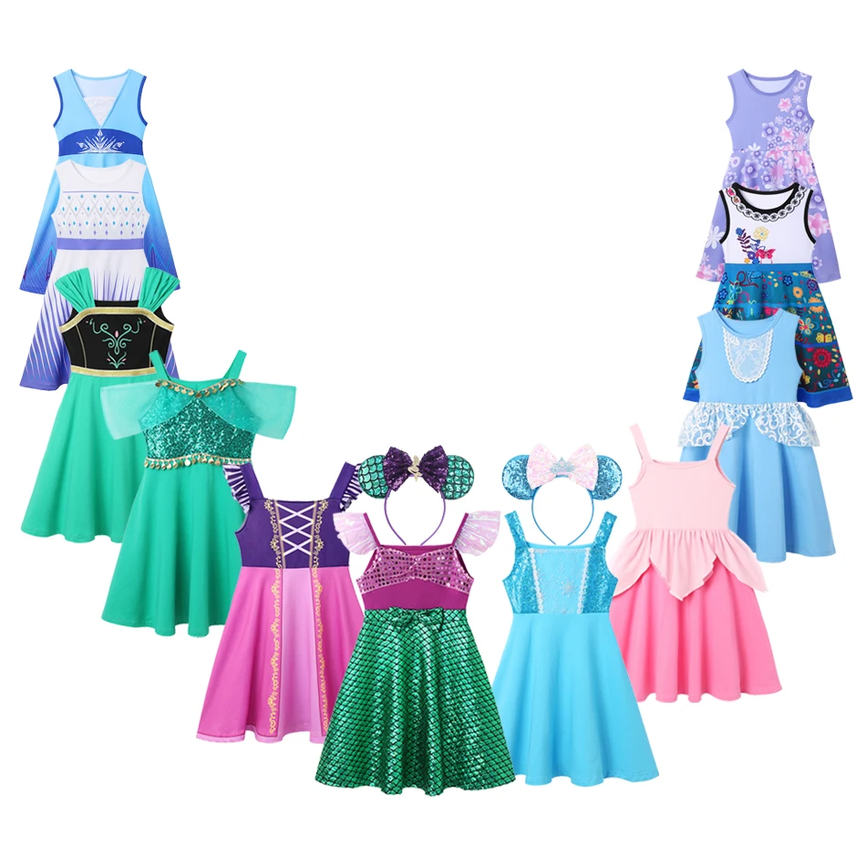 Disney Summer Princess Dress For Girls Mermaid Ariel Rapunzel Casual Dress Kids Frozen Elsa Anna Aurora Cinderella Party Clothes