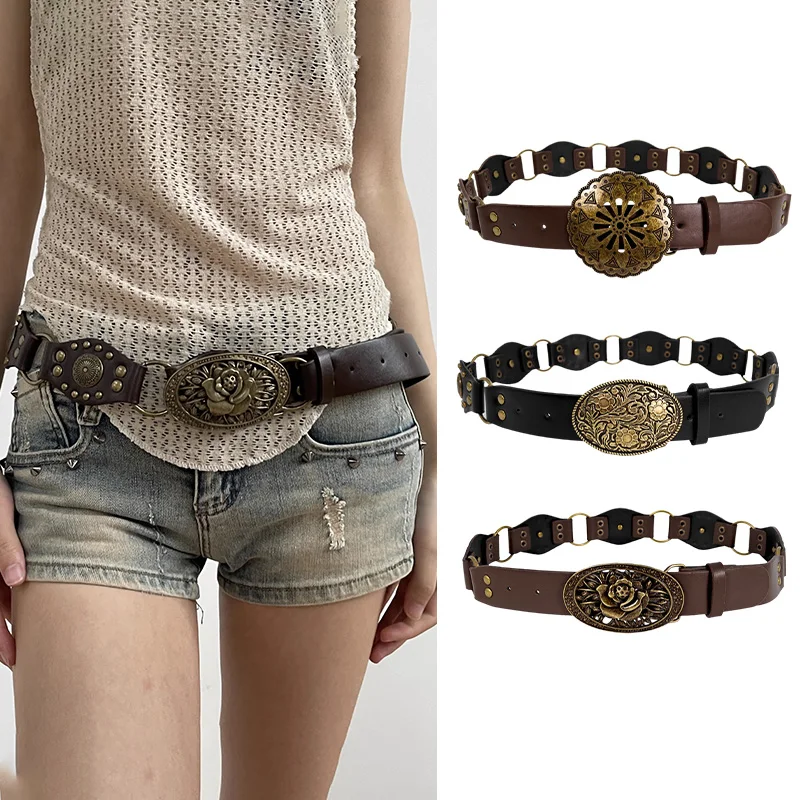 Western Cowgirl Cowboy designerskie paski dla kobiet Retro Y2K łączone pasy w pasie kobieca osobowość okrągły trendowy pasek do dżinsów
