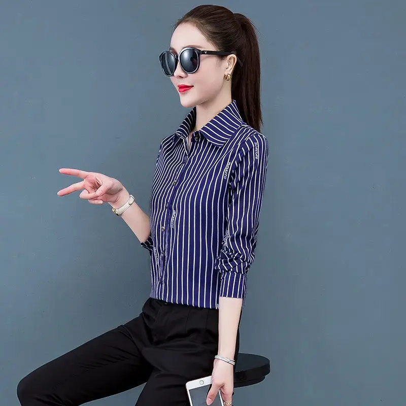 Women Spring Simplicity Office Lady Striped Square Neck Long Sleeve Shirts Women Clothes Casual All-match Appear Thin Trend Tops