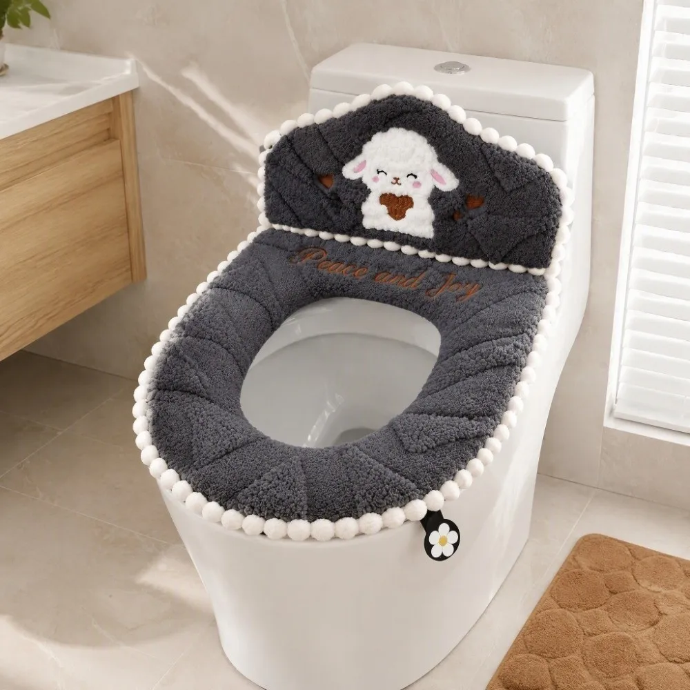 Thickened Warm Backrest Toilet Seat Cover Washable Non-Slip Sheep Print Toilet Seat Cushion Soft Skin-Friendly Toilet Seat Pad