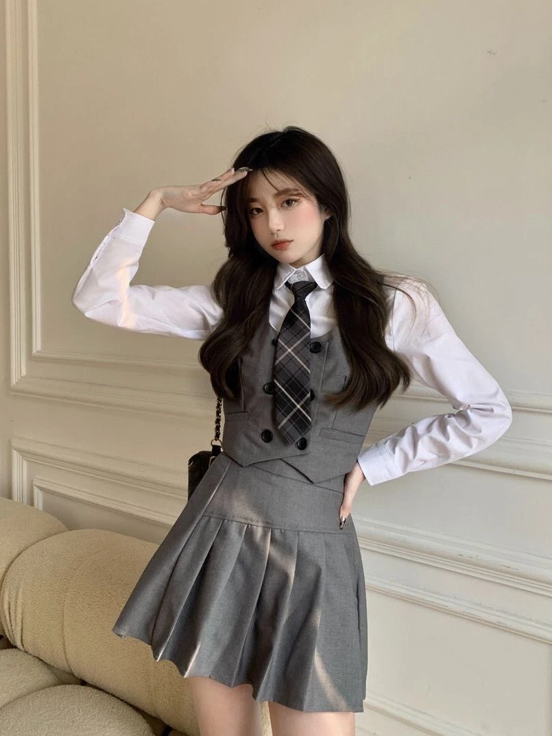 British Preppy Style School Uniform Suit Girls Student Daily JK Uniform Women Long Sleeved White Shirt Mini Pleated Skirt Summer