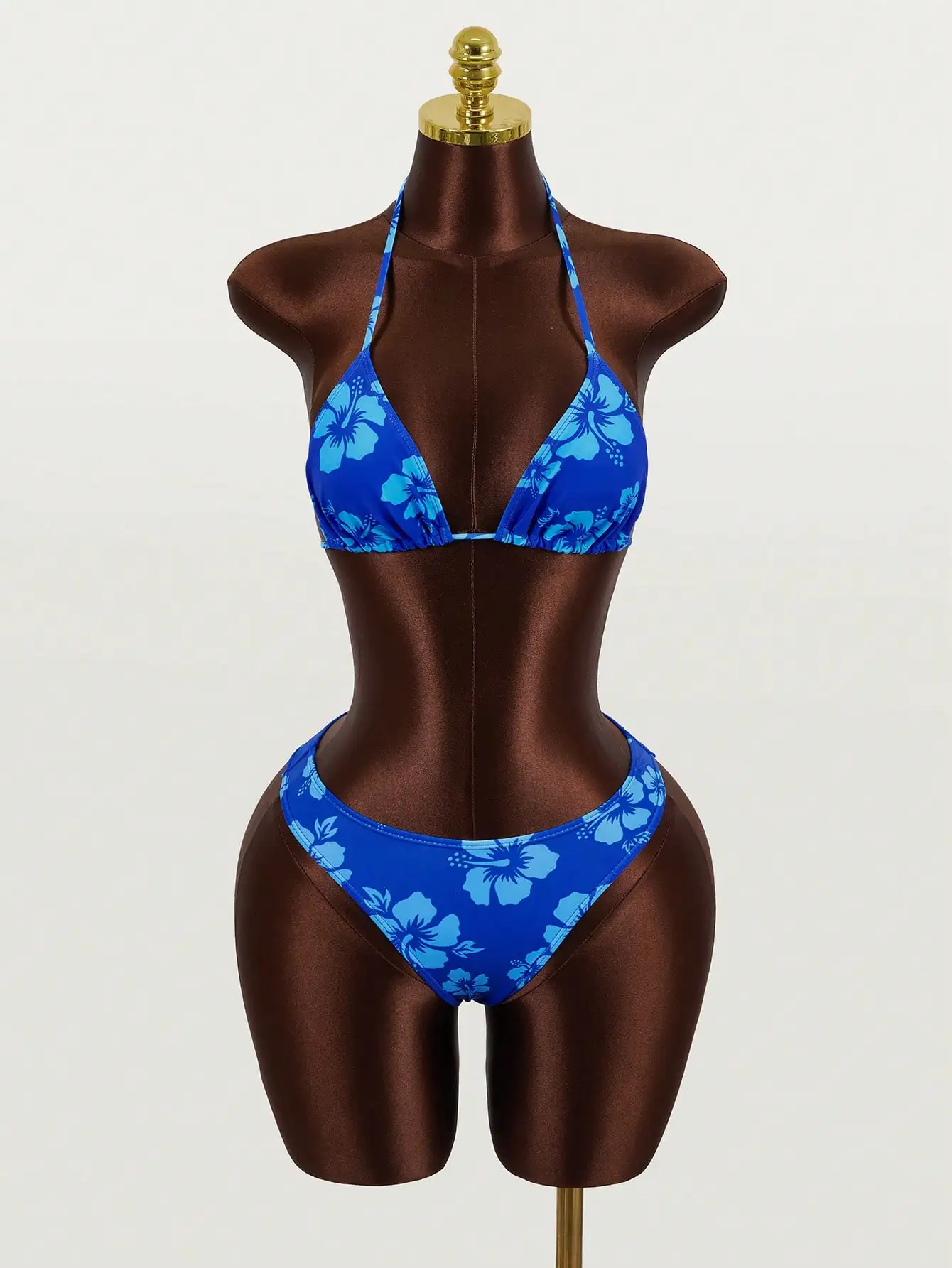 

Blue Floral Print Halter Tie Front Bikini Set With Sheer Cover-Up