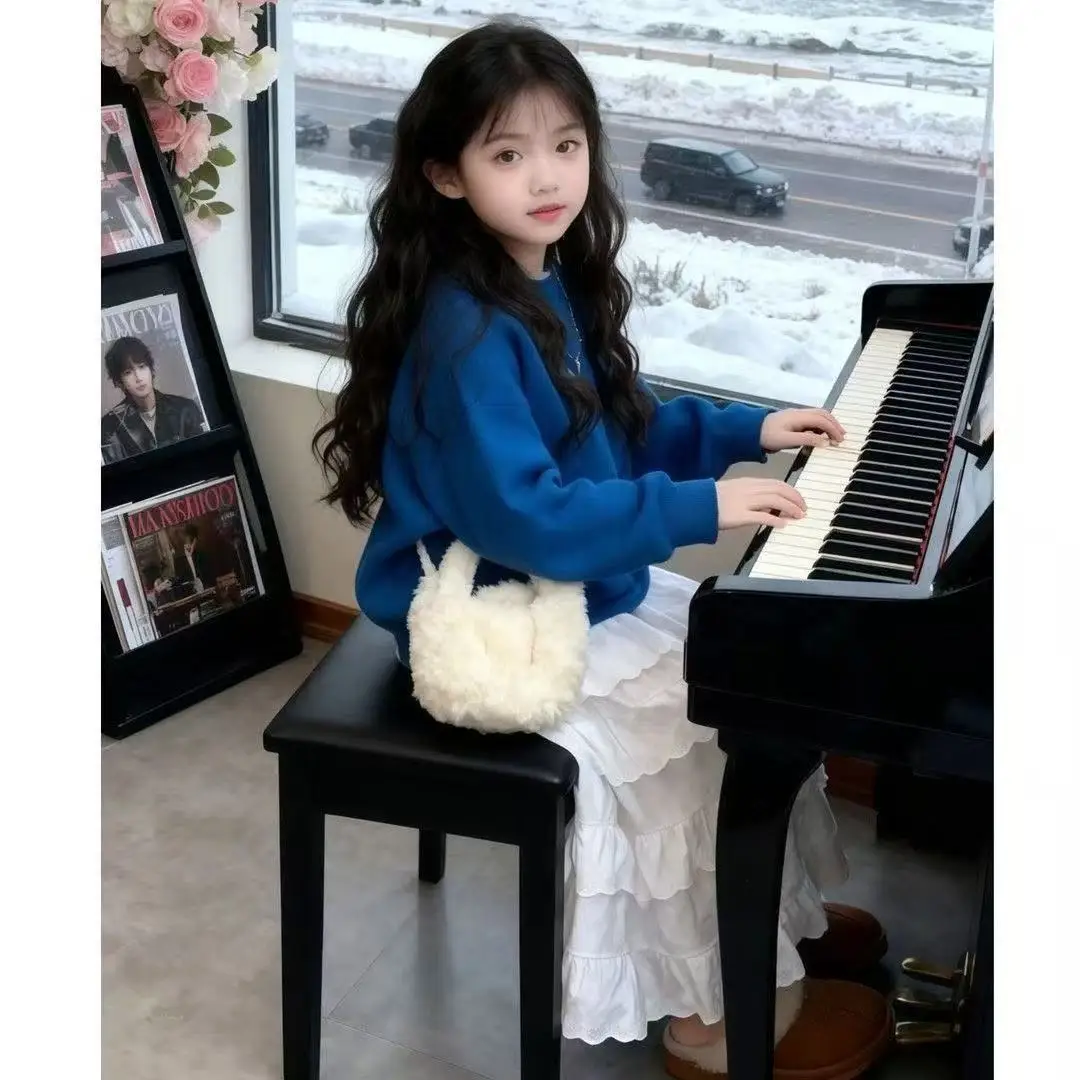 

New Winter Girls Sweater Skirt Set Blue Knitted Top Ruffle Hem Skirt 2 Piece Outfit Kids Fashion Clothing Toddler Suit 90-140CM