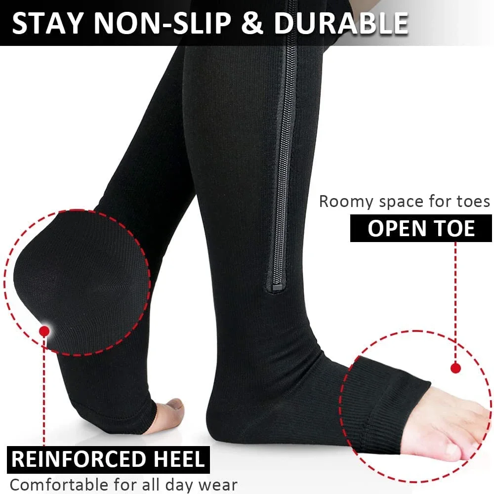 Zipper Compression Socks Women & Men - 1Pair Calf Knee High 15-20mmHg Open Toe Compression Stocking suit for Walking