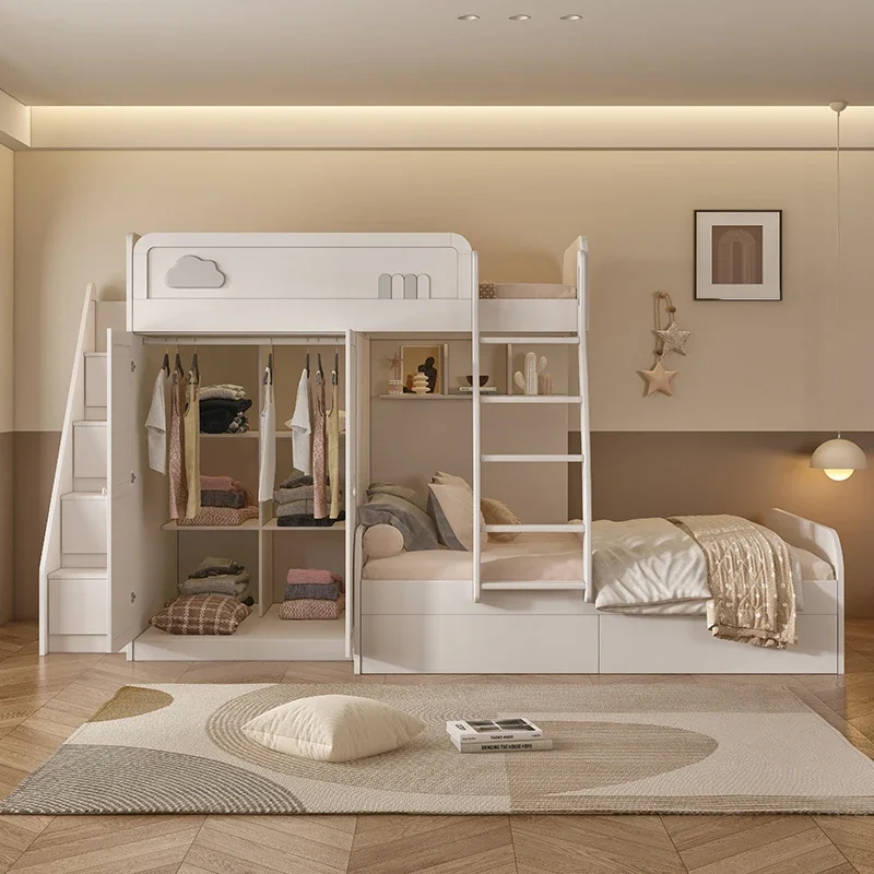 Camas superiores e inferiores escalonadas de madera maciza, con armario, cama de escritorio de dos pisos paralela, dislocación blanca