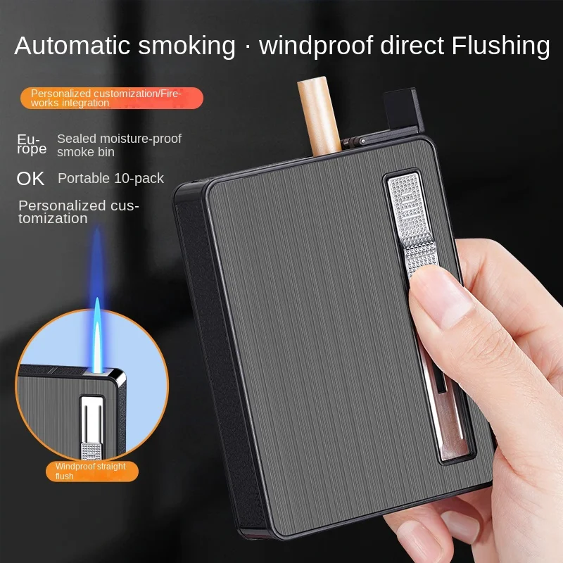 10 Pieces Cigarette Box Cigarette Case Tobacco Cigarettes in Packs Gadgets for Men Torch Gas Lighter Windproof Cigarette Case