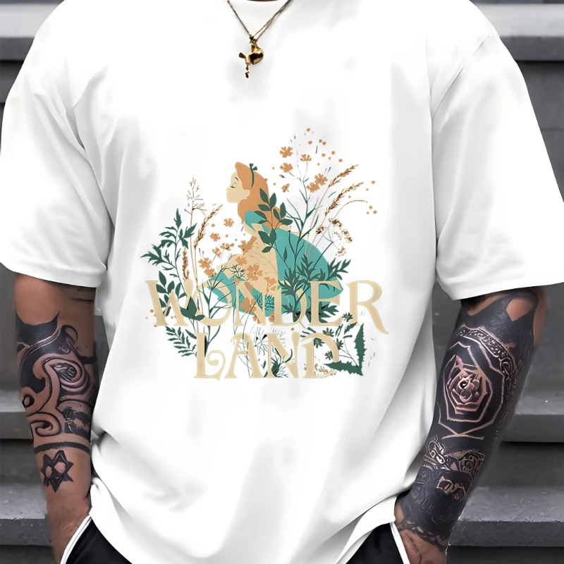 Camiseta de algodón con flores silvestres Retro para hombre de Disney, Alicia en el país de las Maravillas, Top estampado holgado de manga corta oficialmente autorizado