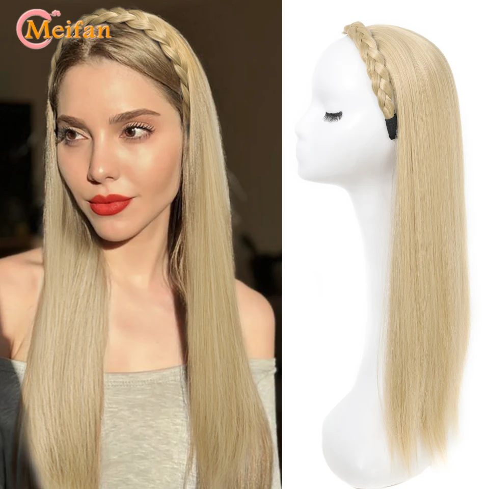 MEIFAN Synthetic Long Straight Half Wig With Headband Clip in Hair Extension Blonde Brown Fluffy Fake Hairpiece With Hairband