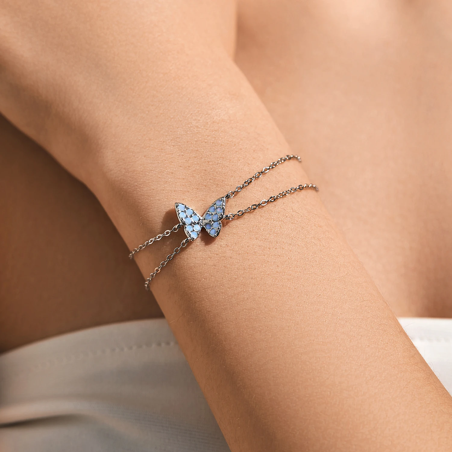 MODIAN Sweet Blue Opal Butterfly Bracelet 925 Sterling Silver Fashion Double Layer Link Chain Bracelets For Women Fine Jewelry