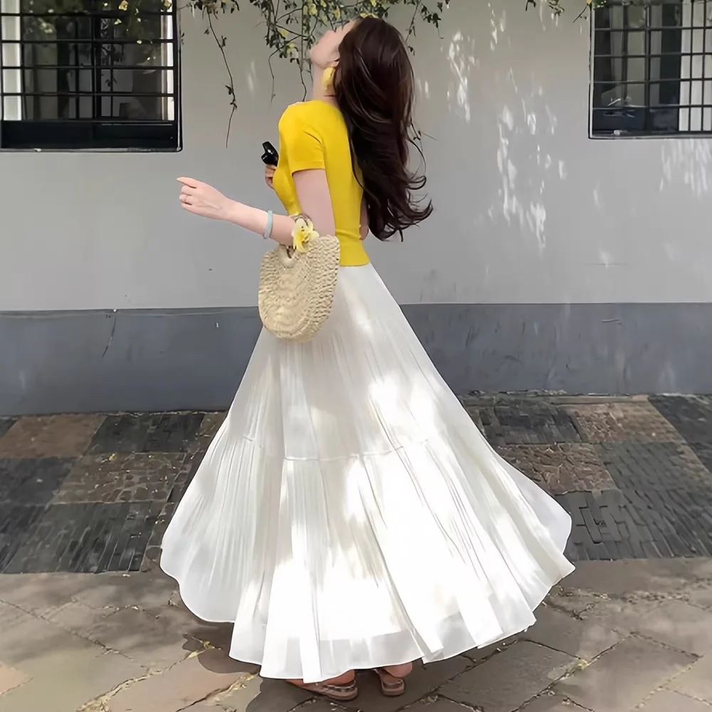 

Solid Color A-Line Skirt Loose Women Summer High Waist Flared Skirts Elegant Long Skirts Casual Wear Women Half Body Skirt