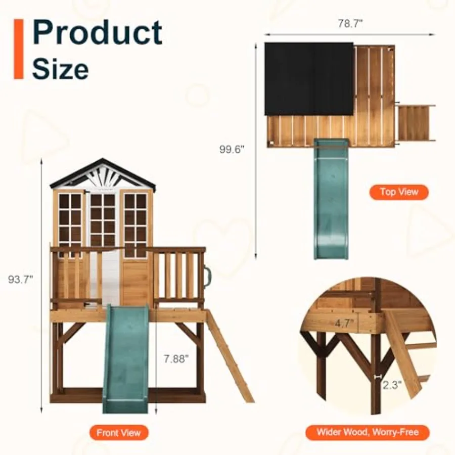 9-in-1 outdoor playhouse with slide sandbox for backyard use, natural fir wood, light brown, weather-resistant finish and round
