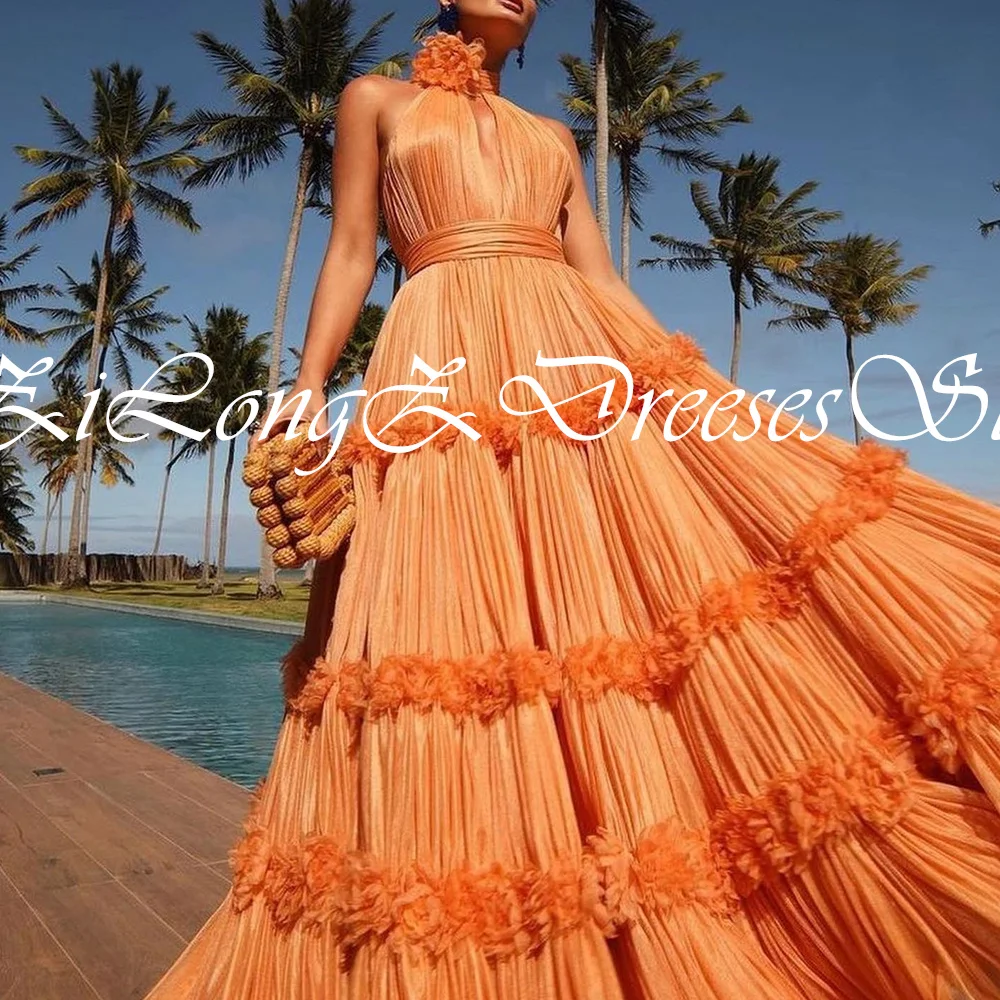 Elegant Party Dresses Woman 2024 3D Flowers Tulle Orange Halter Floor Length Sleeveless Sashes A-Line Bespoke Occasion Gowns