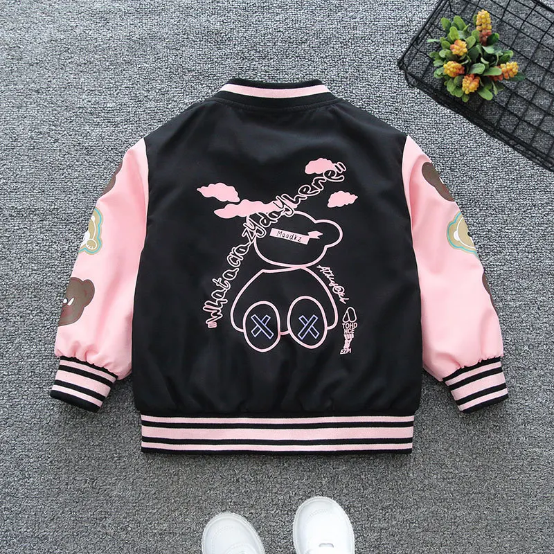 2024 Spring Autumn New Boys Girls Jacket Cartoon Bear Letter Print Baseball Uniform For 2-12 Years Children Sports Outerwear